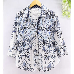 Cino Women's Porcelain Blue Paisley 3/4 Sleeve Cotton Blouse Sz L